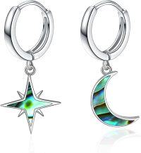 wholesale 925 Sterling Silver Abalone Shell Star & Crescent Moon Huggie Hoops for Women Girls-Silver Abalone star and moon earrings