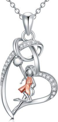 wholesale 925 Sterling Silver Heart Gymnast Pendant Necklace with Pink Ribbon and Crystal Accents - Theatre Gifts for Women-Cheerleader-2