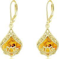 wholesale Sterling Silver Lotus Earrings with Moonstone Amber Onyx Lapis Larimar Rose Quartz Moss Agate-Lotus Amber Earrings-Nov.