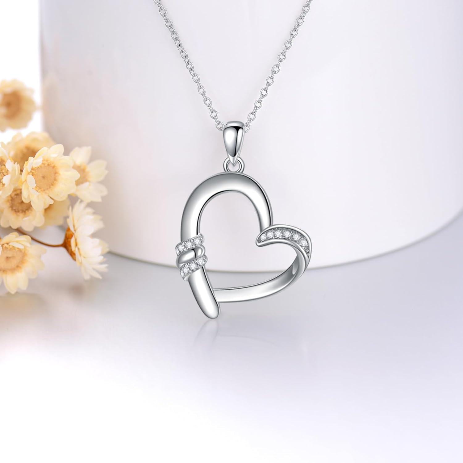 Sterling Silver Moissanite Heart Necklace for Women 18 +2 Chain-0-2
