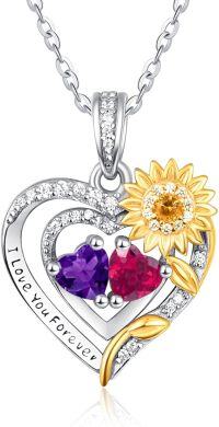 wholesale Sterling Silver 2 Birthstones Sunflower Heart Necklace for Women-02-07-Feb-Jul