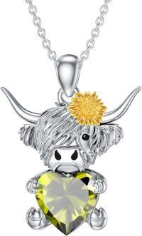 wholesale Metal Stone Highland Cow Pendant Necklace w Heart Birthstone Women s Gift-August