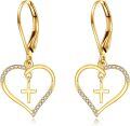 wholesale 14K Gold Cross Heart Shape Pendant Leverback Earrings  for Women Girls Birthdays Anniversary Christmas Presents-0-0