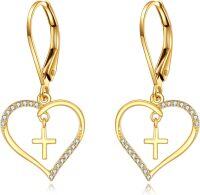 wholesale 14K Gold Cross Heart Shape Pendant Leverback Earrings  for Women Girls Birthdays Anniversary Christmas Presents-Heart Cross earrings