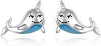 wholesale 925 Sterling Silver Blue Opal Whale Stud Earrings for Women Girls Gifts Jewelry Accessories 3D Cartoon Style Minimalist Design Hypoallergenic Safe Nickel Free-Narwhal