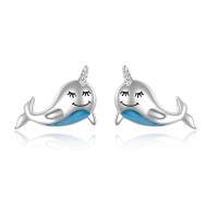 wholesale 925 Sterling Silver Blue Opal Whale Stud Earrings for Women Girls Gifts Jewelry Accessories 3D Cartoon Style Minimalist Design Hypoallergenic Safe Nickel Free-Narwhal