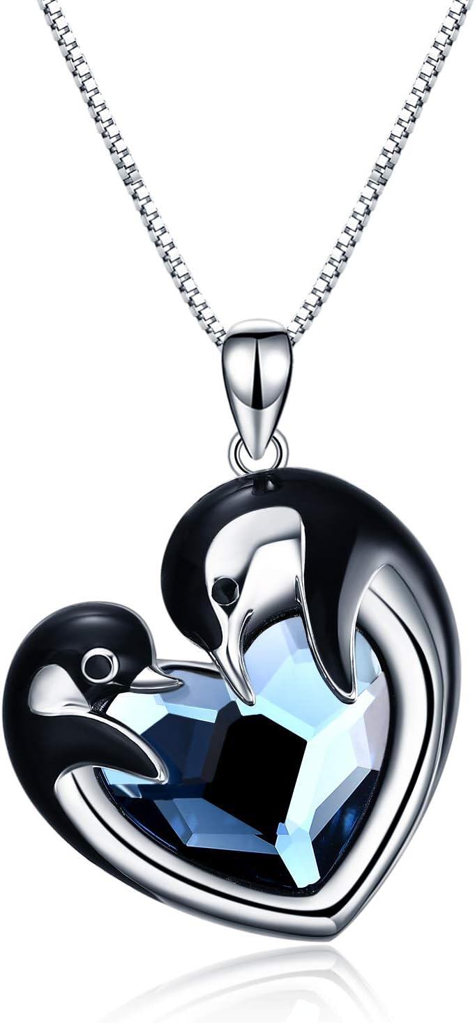 Sterling Silver Gemstone Phoenix Penguin Wolf Fox Highland Cow Hummingbird Frog Sea Turtle Necklace for Women-Penguins-Blue crystal