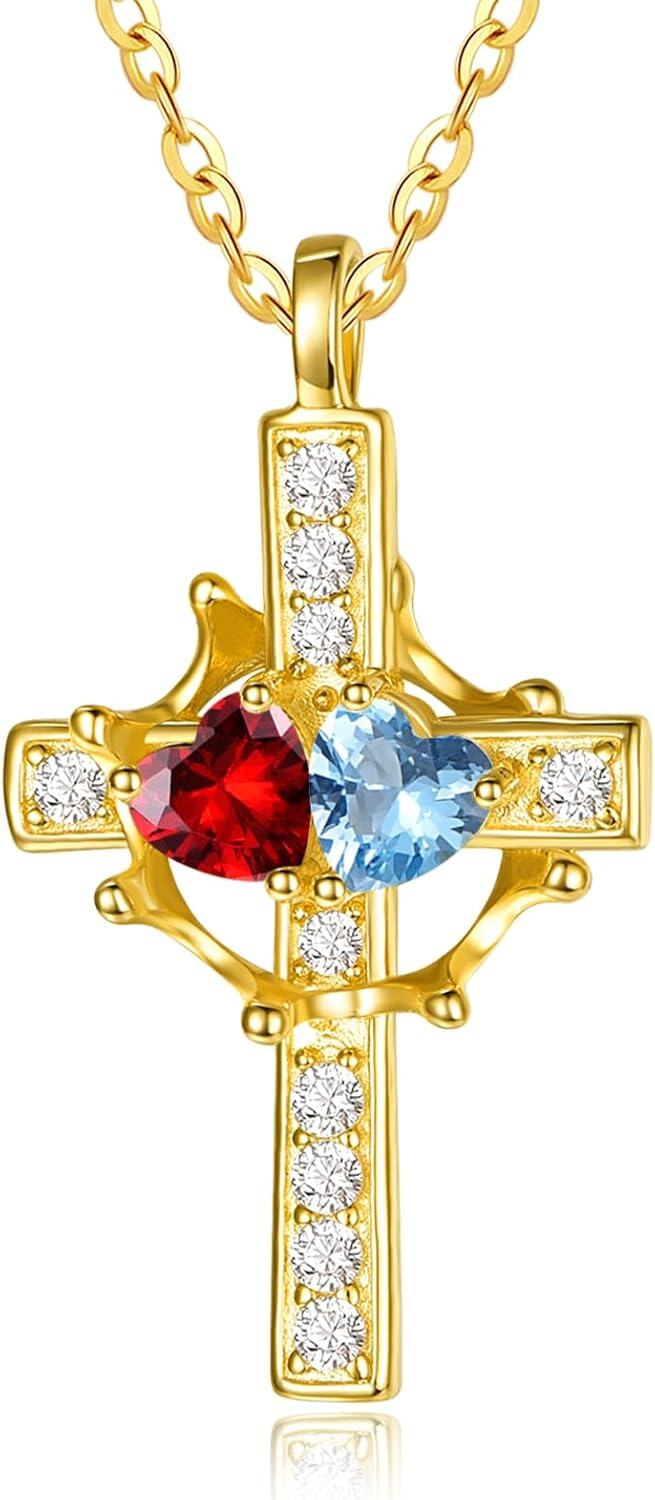 Sterling Silver Birthstones Gold Cross Necklace for Women -01-12-Jan-Dec-01-12-Jan-Dec