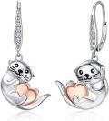 wholesale 925 Sterling Silver Heart-Shaped Otter Stud Hoop Earrings with Cubic Zirconia Accents-0-0