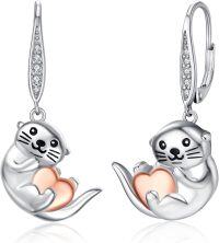 wholesale 925 Sterling Silver Heart-Shaped Otter Stud Hoop Earrings with Cubic Zirconia Accents-Otter Leverback Earrings 2