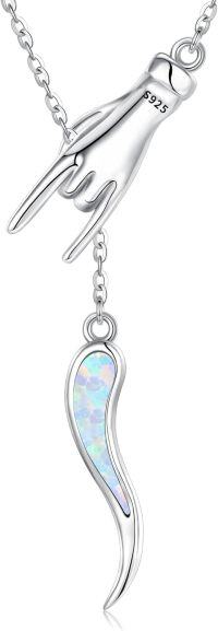 wholesale Sterling Silver Italian Horn Necklace with Cornicello Mano Cornuto Amulet for Good Luck Protection Jewelry-Opal