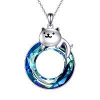wholesale 925 Sterling Silver Blue Cat Pendant Necklace with Swarovski Crystals for Women-Cat Necklace