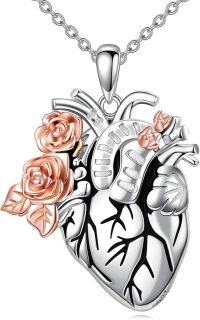 wholesale 925 Sterling Silver Floral Crystalline Anatomical Heart Necklace for Women - Gothic Jewelry Gift-01 silver