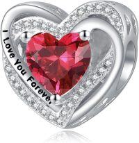 wholesale 925 Sterling Silver Heart Birthstone Charms for Bracelets Jewelry Gifts-Bead - Jul - Ruby