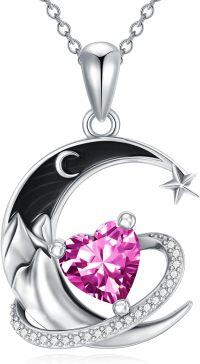 wholesale 925 Sterling Silver Birthstone Moon Star Heart Pendant Necklace-10-Oct-Pink