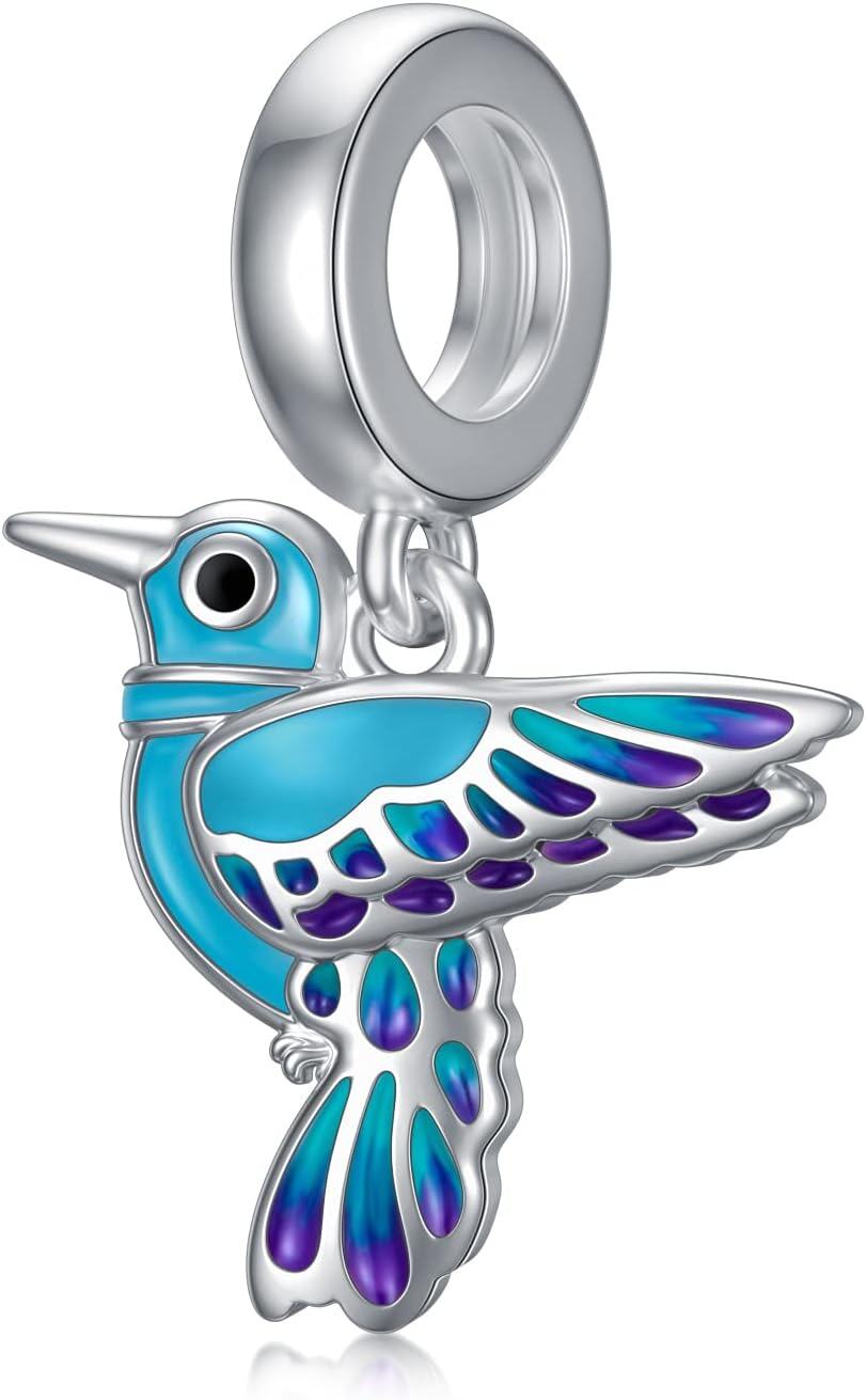  Sterling Silver Red Cardinal Dragonfly Hummingbird Blue Jay Butterfly Charm Dangle Bead -Hummingbird