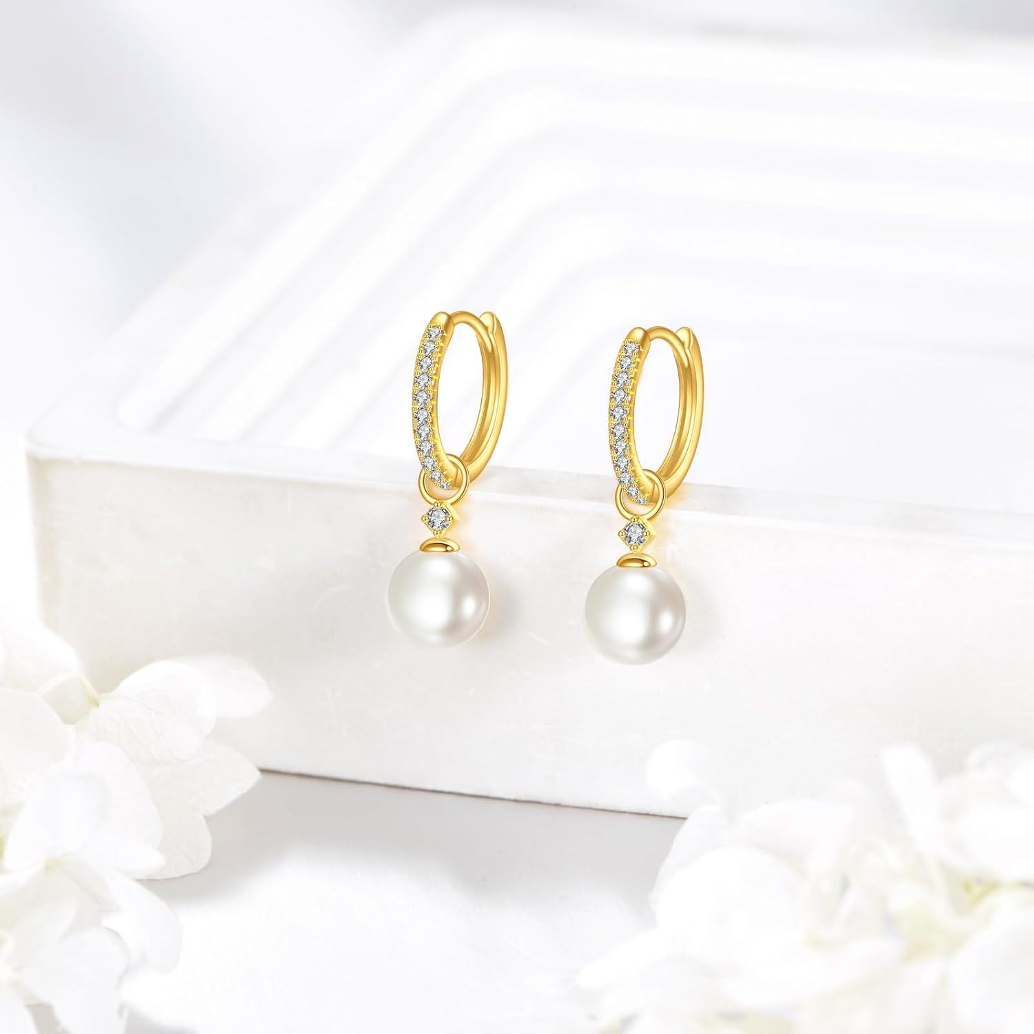 Gold Zircon Pearl Huggie Earrings for Women Solid Jewelry Gifts-0-2