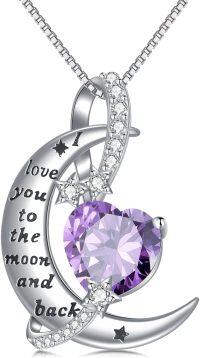 wholesale 925 Sterling Silver Birthstone Love You to the Moon Heart Necklace-06-June-Alexandrite