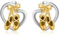 wholesale 925 Sterling Silver Ballerina Shoe Heart Studs with Bow Tie Dance Lover Gifts for Women Girls-Ballet Shoes-Gold Plated