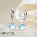 wholesale 925 Sterling Silver Round Moonstone Drop Earrings with Feather Design Leverbacks for Women-0-2