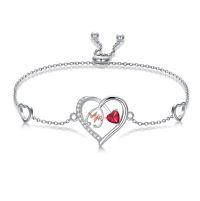 wholesale 925 Sterling Silver & 5A Zircon Heart Stethoscope Birthstone Bracelet - Adjustable Chain-July Red