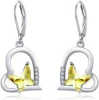wholesale 925 Sterling Silver Citrine & Blue Crystal Butterfly Love Heart Earrings for Women-Yellow