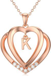 wholesale Sterling Silver Moissanite Heart Initial Pendant Necklace for Her-Rose Gold - K Initial