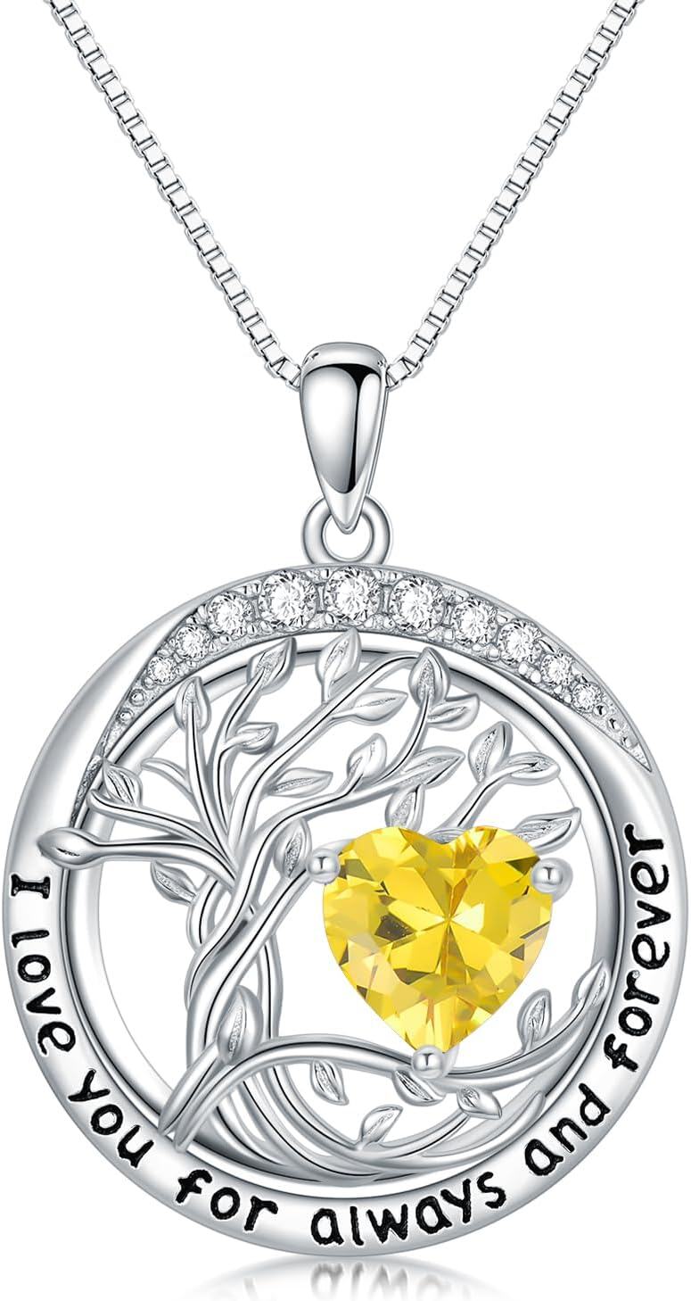 White Gold Sterling Silver Austrian Crystal Tree of Life Birthstone Necklace-11-Nov-Citrine