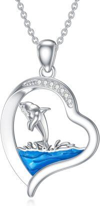 wholesale 925 Sterling Silver Dolphin Ocean Wave Blue Enamel Heart Pendant Necklace for Women-d