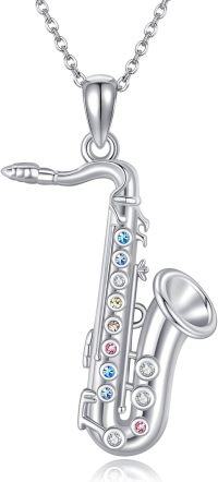 wholesale 925 Sterling Silver Multi-Colored Crystal Musical Instrument Pendant Necklace for Women Girls-saxophone