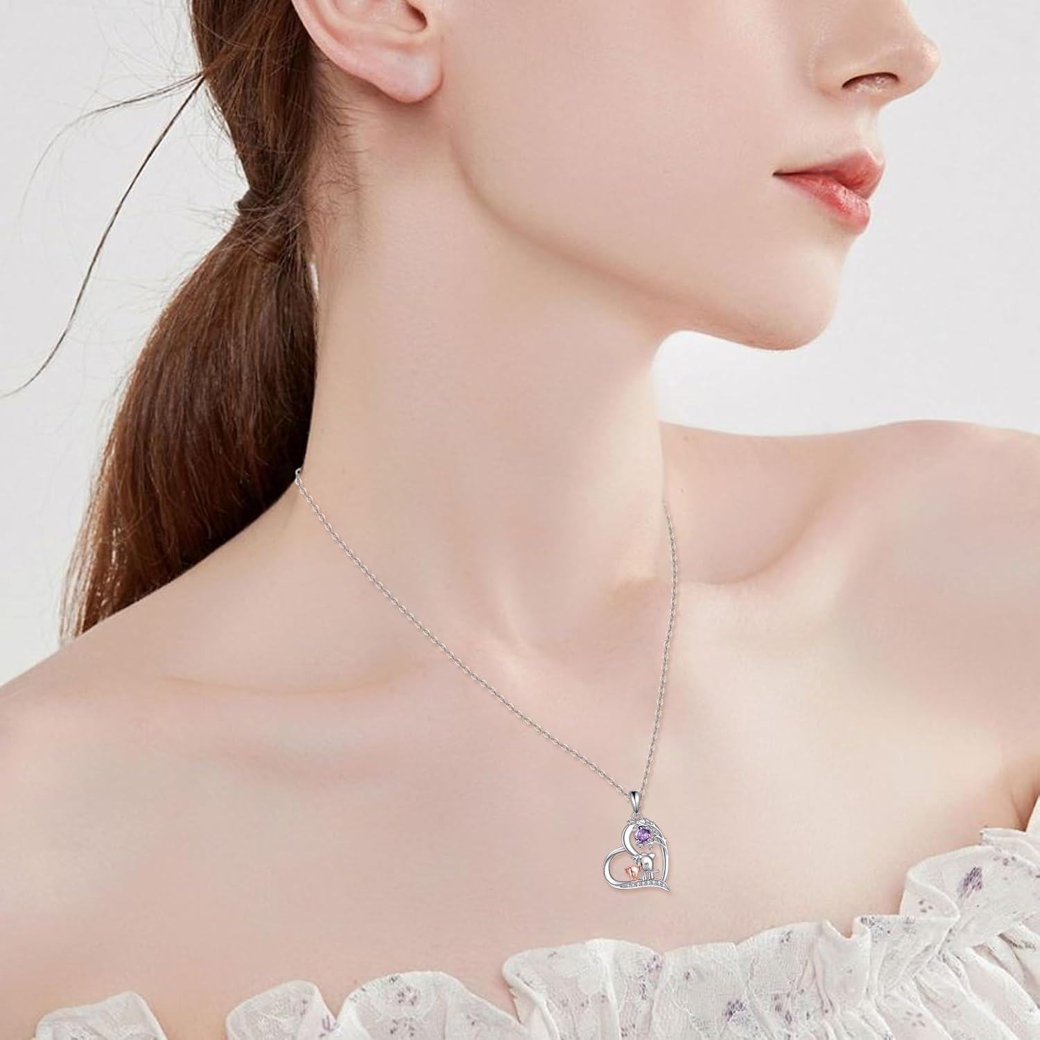  Sterling Silver Birthstone Elephant Pendant Necklace Cute Animal Jewelry Gift for Women Mom Wife -0-5