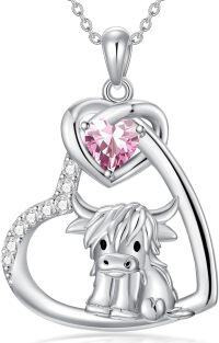 wholesale 925 Sterling Silver Pink Crystal Scottish Highland Cow Heart Necklace for Women Girls Gifts from Scotland-Cow Heart-Pink