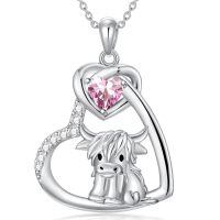 wholesale 925 Sterling Silver Pink Crystal Scottish Highland Cow Heart Necklace for Women Girls Gifts from Scotland-Cow Heart-Pink