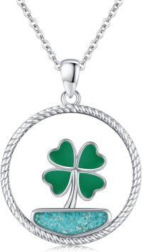 wholesale 925 Sterling Silver Green Turquoise Four-Leaf Clover Pendant Necklace-Clover