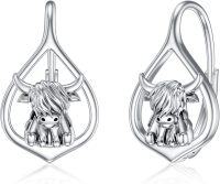 wholesale 925 Sterling Silver Highland Cow Teardrop Dangle Drop Hoop Earrings for Women Birthdays Anniversaries Gifts-35-Leverback-Highland Cow