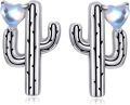 wholesale 925 Sterling Silver Heart-Shaped Cactus Stud Earrings with Opal Stone and Black Enamel Accents-0-0