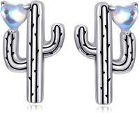 wholesale 925 Sterling Silver Heart-Shaped Cactus Stud Earrings with Opal Stone and Black Enamel Accents-Cactus