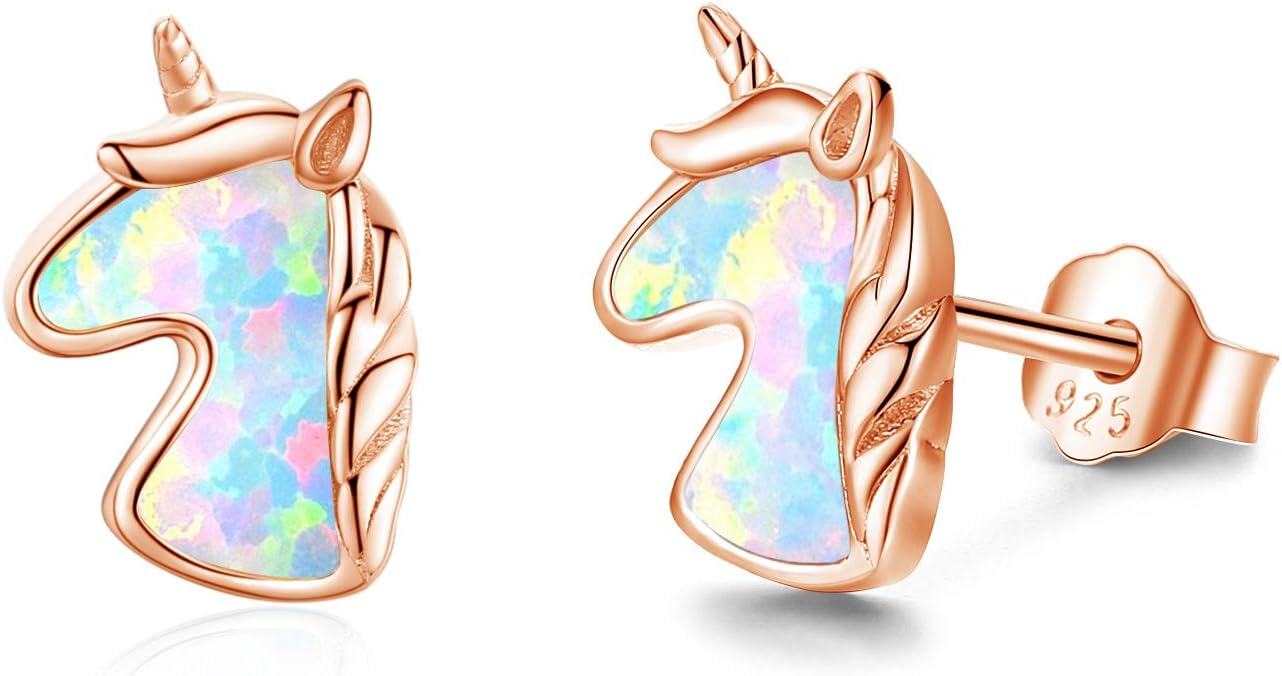 Sterling Silver Opal Unicorn Stud Earrings Hypoallergenic Gift-0-0