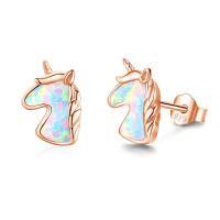 wholesale 925 Sterling Silver Rose Gold Plated Rainbow Opal Unicorn Stud Earrings for Women Girls Gifts 6mm x 8mm-Rose Gold-Opal