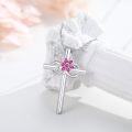 wholesale 925 Sterling Silver Pink Cherry Blossom Birth Month Flower Cross Pendant Necklace for Women Girls Gifts-0-4