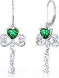 wholesale 925 Sterling Silver Lucky Shamrock Drop Dangle Leverback Earrings with Green Crystal Heart and Knot Design-0-0