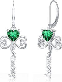 wholesale 925 Sterling Silver Lucky Shamrock Drop Dangle Leverback Earrings with Green Crystal Heart and Knot Design-Shamrock