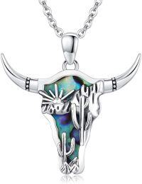 wholesale Sterling Silver Turquoise Cow Skull Necklace Western Cowgirl Jewelry-Abalone