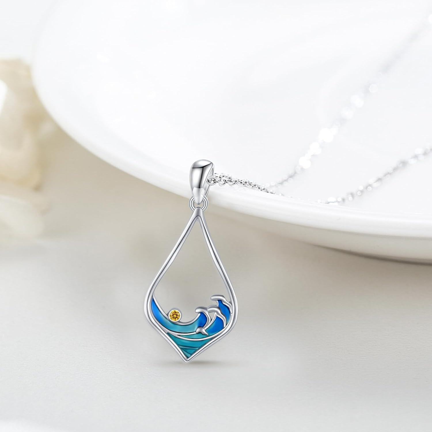 wholesale 925 Sterling Silver Teardrop Dolphin Ocean Wave Pendant Necklace with Blue Enamel and Yellow Crystal - Beach  for Women-0-1