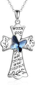wholesale 925 Sterling Silver Blue Crystal Butterfly Cross Pendant Necklace for Women - Religious Gifts-0-0