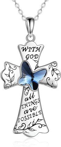 wholesale 925 Sterling Silver Blue Crystal Butterfly Cross Pendant Necklace for Women - Religious Gifts-blue butterfly