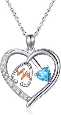 wholesale Sterling Silver Gemstone Heart Stethoscope Pendant Necklace for Women-A12:December-Topaz