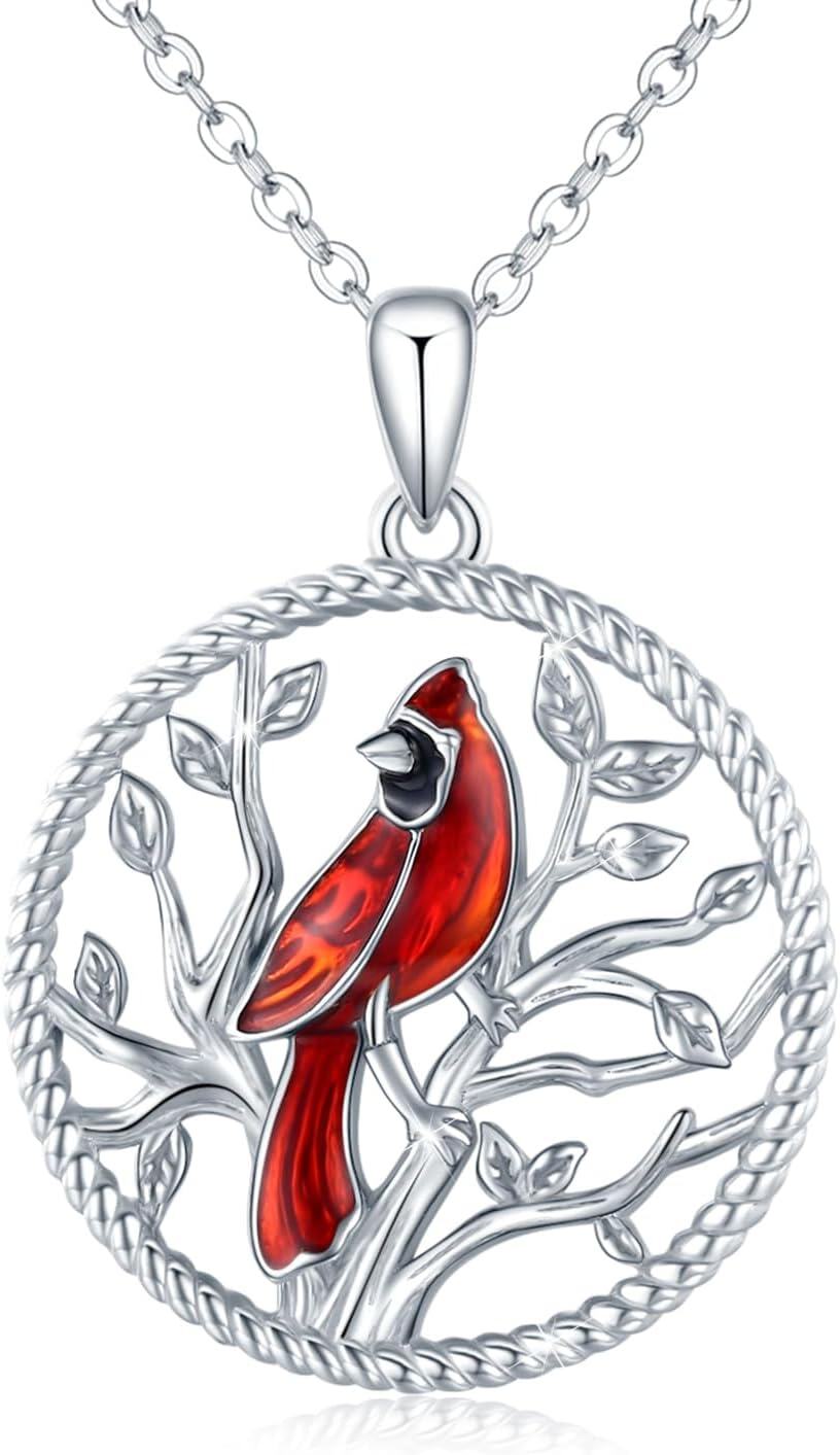 925 Sterling Silver Red Enamel Cardinal Tree of Life Pendant Necklace for Women Girls Gifts-0-0