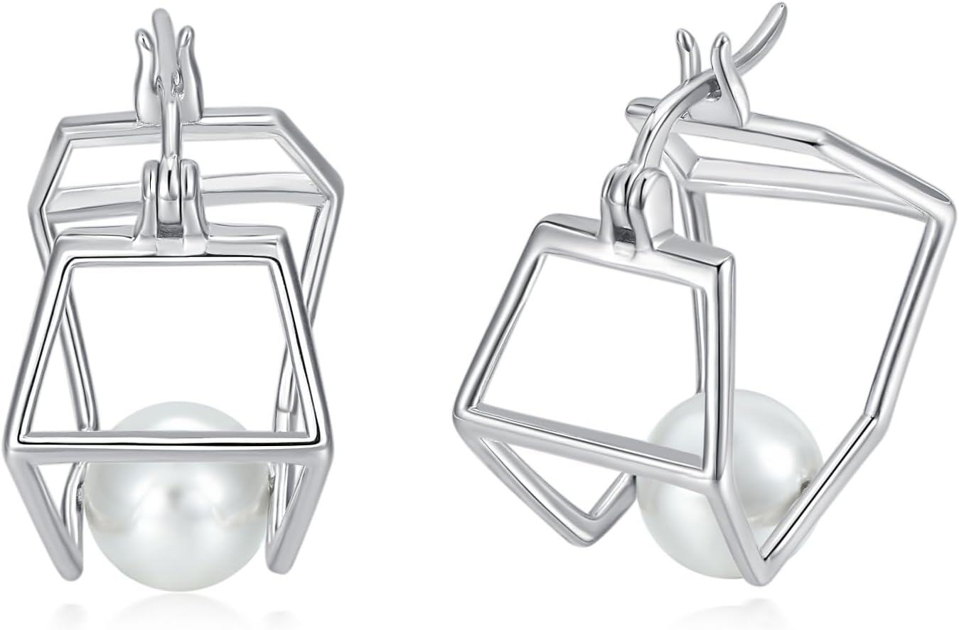 Sterling Silver Hexagon Pearl Hoop Earrings for Women Girls-0-0