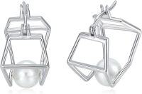 wholesale 925 Sterling Silver Hexagon Pearl Hoop Earrings for Women and Girls-white gold plated